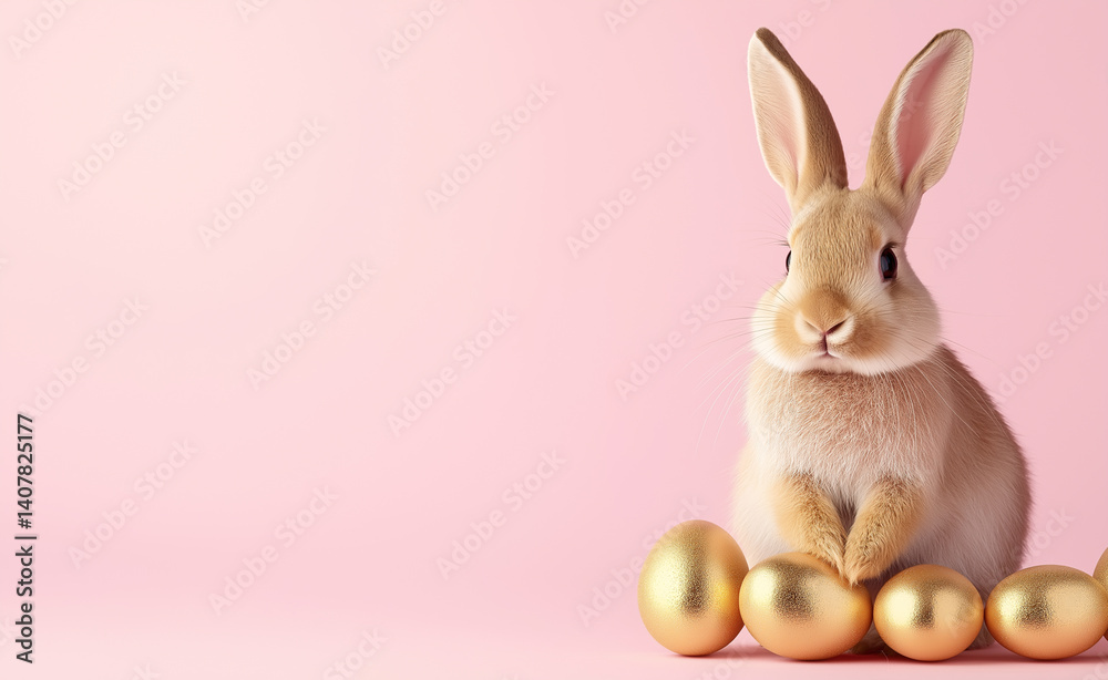 Obraz premium Light brown bunny surrounded by golden Easter eggs on a soft pink background, symbolizing spring, celebration, and holiday charm.