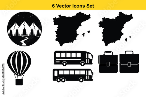 Six black and white vector icons depicting travel, transportation, and Spain.