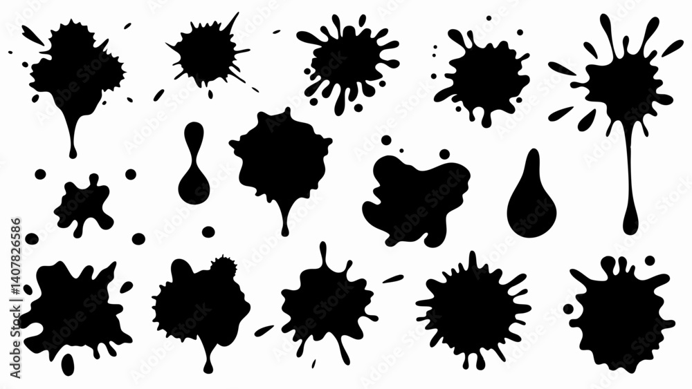 Set of grunge ink splatter. Splash of paints, spray drops, wet paint drop collection