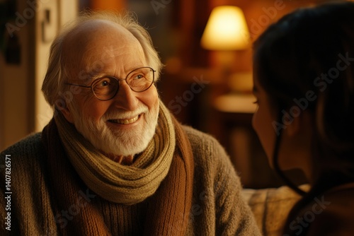A joyful elderly person sharing wisdom with younger generations, reflecting respect for humanity with copy space. Warm golden light. Cozy home setting background photo