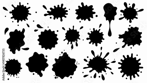 Set of grunge ink splatter. Splash of paints, spray drops, wet paint drop collection