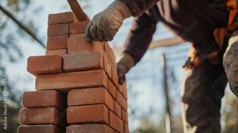 Hispanic bricklayer constructing a brick chimney. Featuring masonry work and construction Hispanic bricklayer constructing a brick chimney. Featuring masonry work and construction