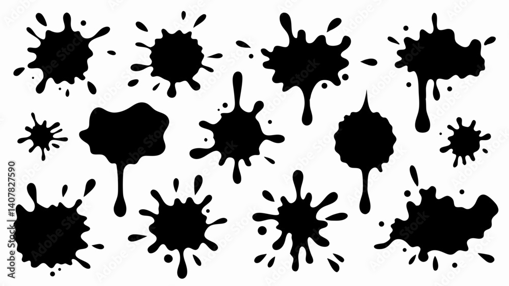 Set of grunge ink splatter. Splash of paints, spray drops, wet paint drop collection