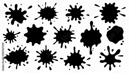 Set of grunge ink splatter. Splash of paints, spray drops, wet paint drop collection