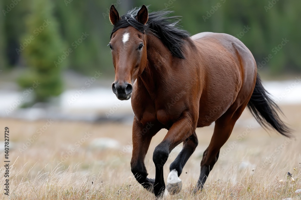 Obraz premium A powerful brown horse is captured mid-gallop across an open field, demonstrating its strength and athleticism amidst a beautiful natural backdrop, full of life.