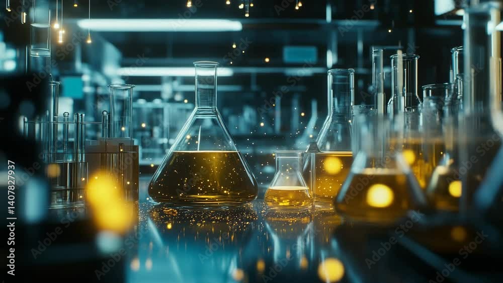 Laboratory glassware with golden liquid, 4K render. Laboratory glassware with golden liquid, 4K render.