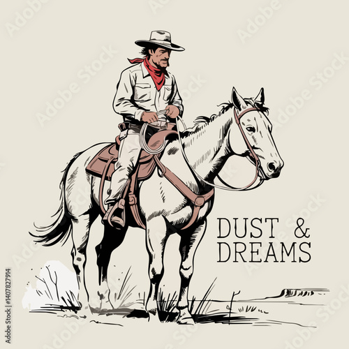 Vintage Western Cowboy on Horseback – Classic Rodeo Sketch with Lasso and Hat in Rustic Style