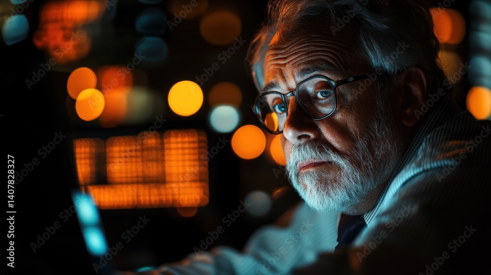 Night Focus: Elderly Man Working Late on Laptop, City Lights Blurred Background Night Focus: Elderly Man Working Late on Laptop, City Lights Blurred Background