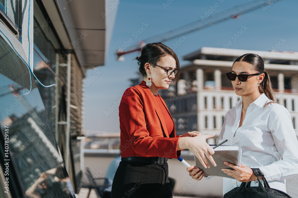 Two business people engage in a focused discussion on a high-rise balcony, overlooking an urban cityscape. Two business people engage in a focused discussion on a high-rise balcony, overlooking an urban cityscape.