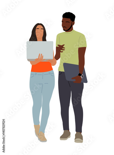 Multiracial Couple of young business man and woman standing with laptop, working together, discussing, talking. Flat vector colorful illustration isolated on transparent background.