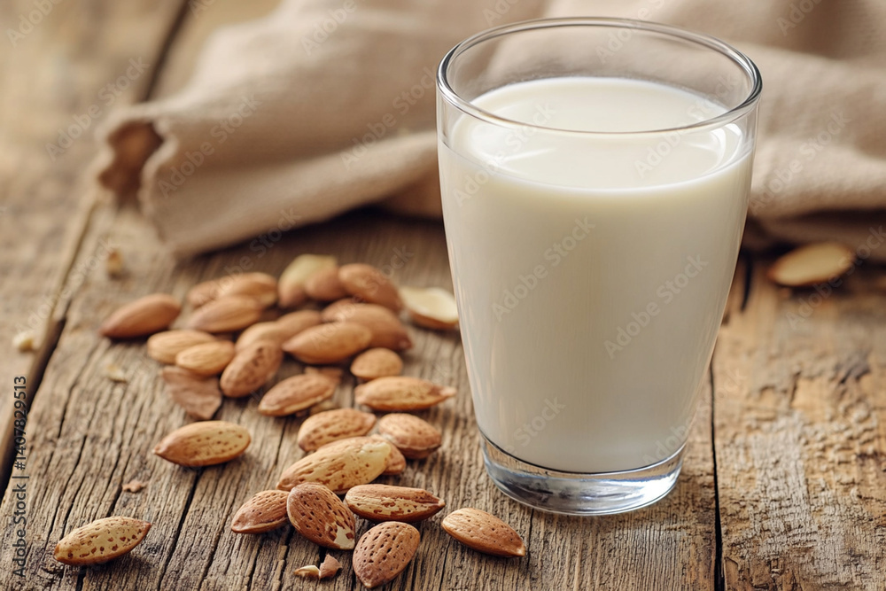 Almond milk in a glass on the kitchen table Almond milk in a glass on the kitchen table