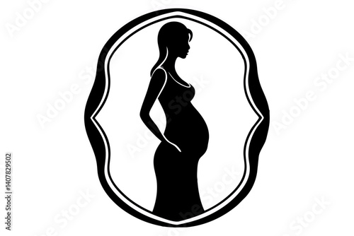 Elegant Silhouette Illustration Of A Pregnant Woman In A Frame Black And White Symbolizing Maternity And Family, pregnant, woman, silhouette, pregnancy, maternity, expecting, baby, vector