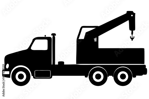 Silhouette Graphic Illustration Of A Tow Truck Emergency Vehicle Ready For Roadside Assistance Or Auto Repair Needs, tow truck, wrecker, recovery vehicle, breakdown service, roadside assistance, auto 