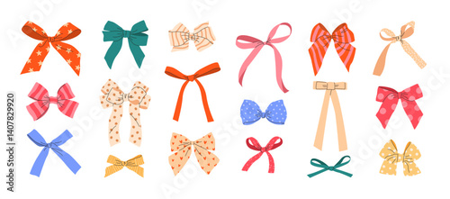 Set of hand drawn multicolored bows, bow knots, bow ties, ribbons, and hair bows. Isolated elements on white background. Bundle of various bows in flat style for celebration designs. Vector clipart.