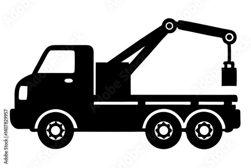 Black Silhouette Of A Tow Truck With Boom And Three Axles Isolated On A White Background Illustration, tow truck, wrecker, recovery vehicle, car, auto, transportation, automobile, mechanical