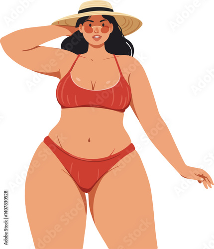 Body positive plus size woman wearing swimsuit and a straw hat with sunglasses on transparent background. Flat vector illustration