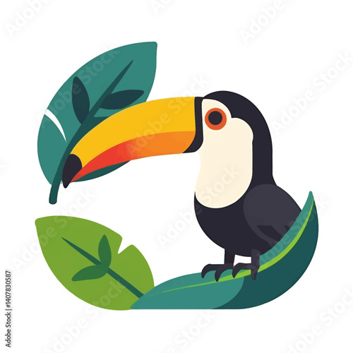 Cartoon_toucan_with_yellow_beak_on_green_leaves