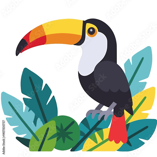 Cartoon-toucan-with-yellow-beak-and-tropical-leaves