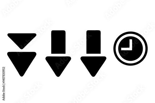 Minimalistic Black Symbols Pointing Down With Clock Design On White Background For Visual Communication Assets, arrow, down arrow, clock, icon, symbol, vector, illustration, design, time, direction
