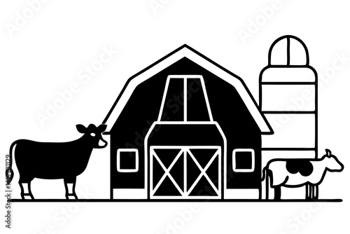 Farm Scene Illustration With Barn Silo And Cows In Black And White Outline Style, farm, barn, silo, cows, animal, farm animal, agriculture, countryside, rural, minimalist, simple, outline, line art