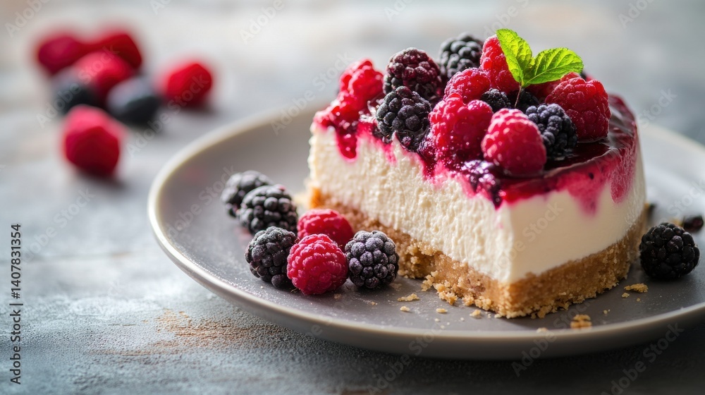 A creamy cheesecake topped with an assortment of fresh berries, including raspberries, blueberries, and blackberries, served on a gray plate. A creamy cheesecake topped with an assortment of fresh berries, including raspberries, blueberries, and blackberries, served on a gray plate.