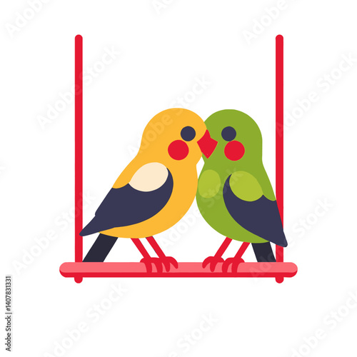 Two_birds-yellow_and_green-on_a_red_swing