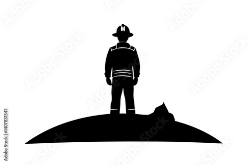 Firefighter Silhouette Standing On Debris Ready To Assist With Emergency Vector Image Design, firefighter, silhouette, emergency, fire, vector, fireman, rescue, hero, uniform, job, standing, helmet