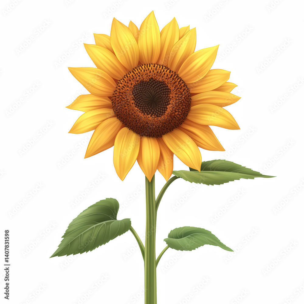 Obraz premium Sunflower with yellow petals and green stem isolated on transparent background.