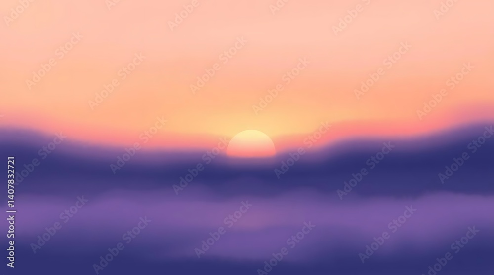 Obraz premium Abstract Misty Sunset Landscape with Orange Sun and Purple Hues