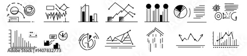 Business data visualization set with 30 linear icons including charts and graphs, designed for financial reports and growth analysis in sleek orange-themed vector style.