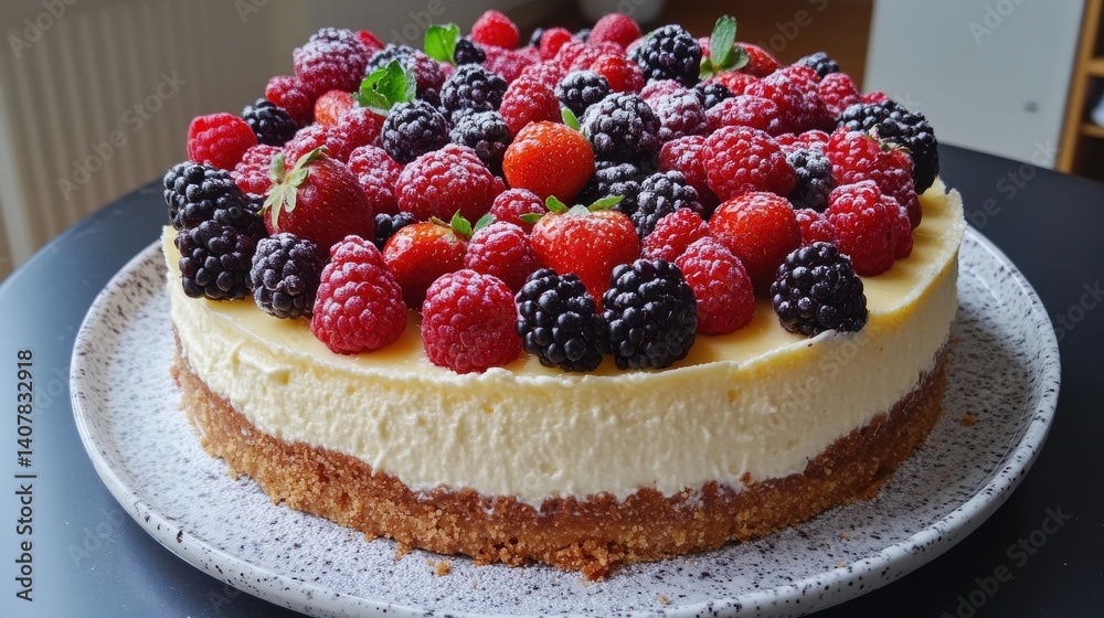 A creamy cheesecake topped with an assortment of fresh berries, including raspberries, blueberries, and blackberries, served on a gray plate. A creamy cheesecake topped with an assortment of fresh berries, including raspberries, blueberries, and blackberries, served on a gray plate.