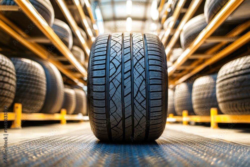 A close-up view of a tire in a storage facility. The tire displays intricate tread designs and is surrounded by rows of organized tires. This image captures the essence of automobile maintenance. AI