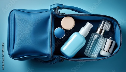 stylish blue toiletry bag with travel sized hygiene products and perfume stock photo