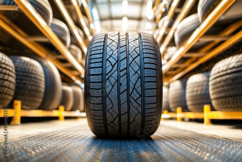 Obraz na płótnie A close-up view of a tire in a storage facility. The tire displays intricate tread designs and is surrounded by rows of organized tires. This image captures the essence of automobile maintenance. AI w salonie
