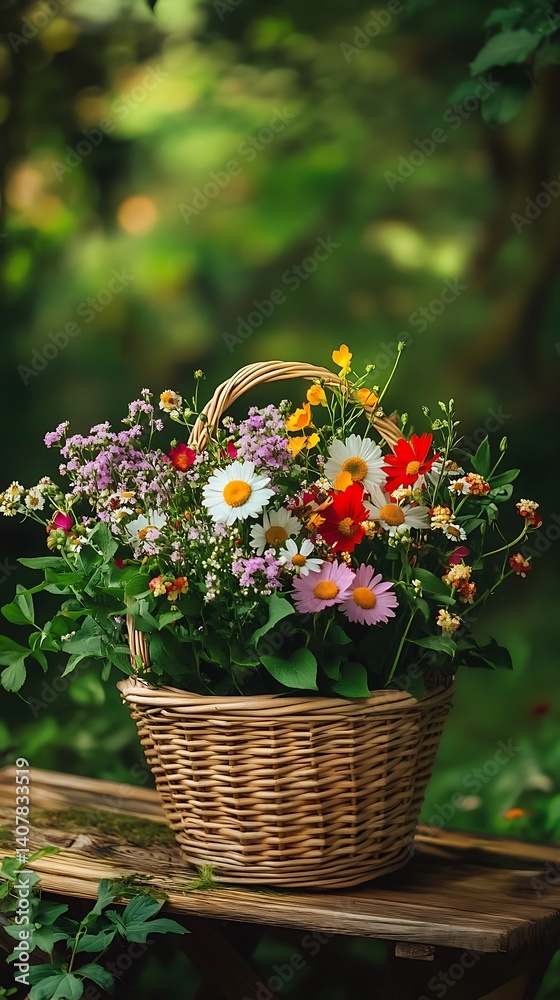 flowers bouquet in wicker basket on table in gar flowers bouquet in wicker basket on table in gar