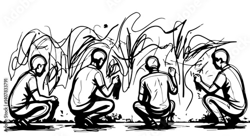 Four people crouching with drawing graffiti on wall. Line drawing illustration