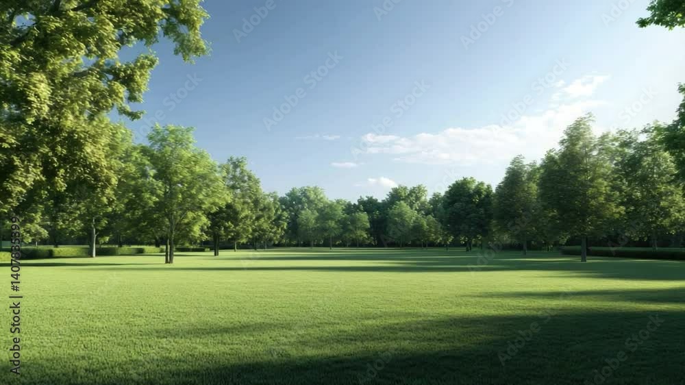 Expansive Green Park Landscape with Lush Trees Under a Clear Blue Sky Expansive Green Park Landscape with Lush Trees Under a Clear Blue Sky