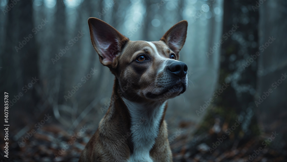 Obraz premium Curious dog exploring foggy forest, canine adventure in mystical woods