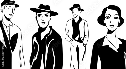 Portrays of four figures dressed in vintage attire with hats, showcasing timeless fashion styles on transparent background. Line drawing illustration