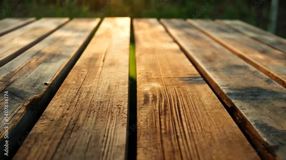 Close-up view of weathered wooden planks illuminated by sunlight in a serene outdoor setting Close-up view of weathered wooden planks illuminated by sunlight in a serene outdoor setting
