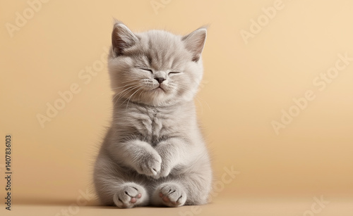 Adorable gray kitten sitting with eyes closed and paws up against a warm orange background, symbolizing cuteness, comfort, and playful innocence.