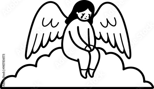 Sad angel with wings sitting on a cloud on transparent background. Line drawing illustration