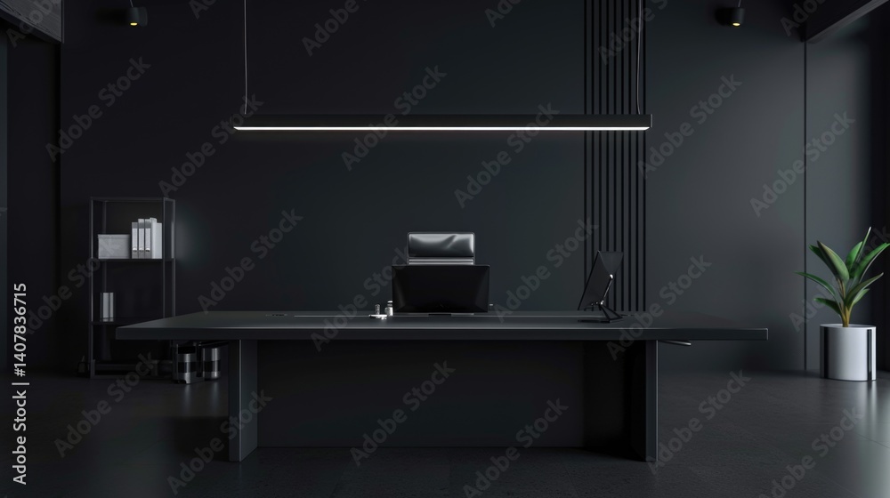 Dark, minimalist office space with modern furnishings. Dark, minimalist office space with modern furnishings.