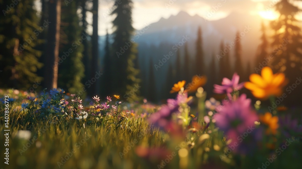 Obraz premium Colorful wildflowers meadow at sunset in mountains