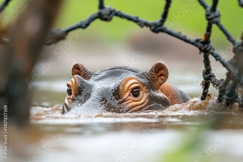 A young hippopotamus submerged in murky water, only its head visible, near a rope net.