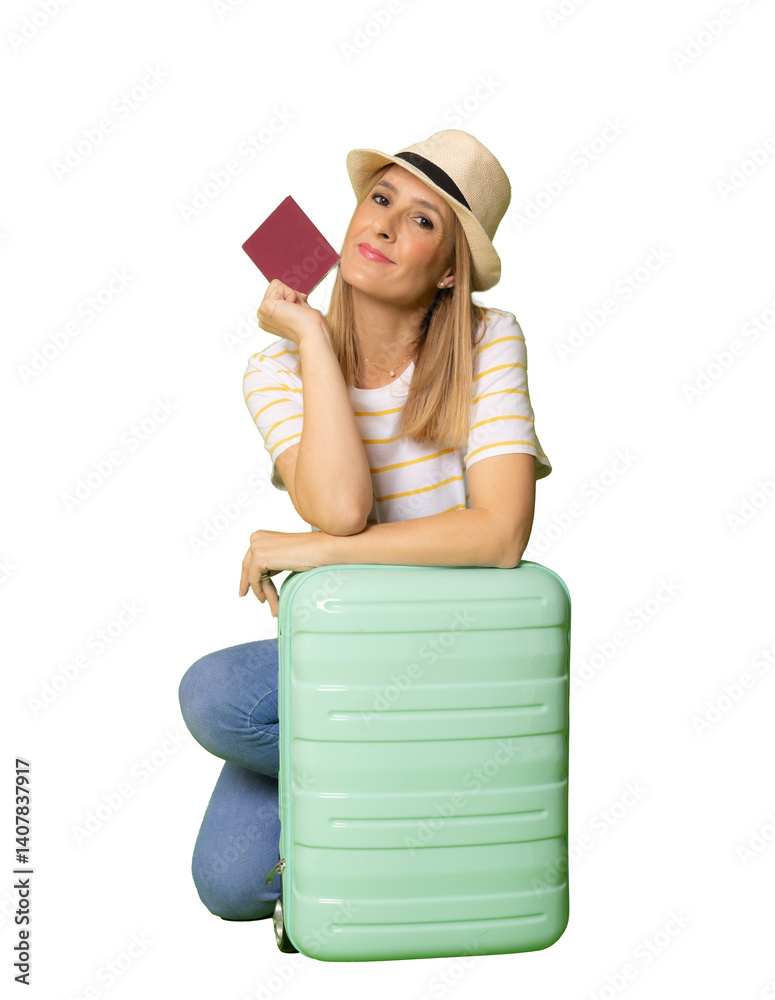 Young smiling woman with suitcase holding passport isolated over transparent background. Young smiling woman with suitcase holding passport isolated over transparent background.