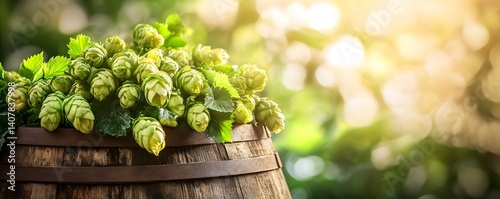 A beautiful display of fresh hops resting atop a wooden barrel in a sunlit environment, showcasing the green lushness and vibrant colors that highlight the essence of brewing.