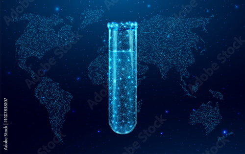 Wireframe polygonal test tube with globe map. Glowing blue lowpoly wireframe glass flask on a dark background. Vector illustration design concept for medical industry and chemical labor.