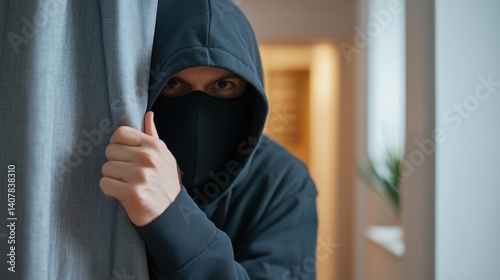 A masked intruder in a black hoodie hides behind a curtain, peering into a home's interior, preparing for a potential break-in.