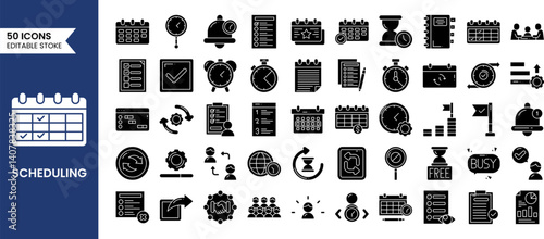 Scheduling icons set in solid style. Contains icons related to Scheduling, to-do lists, tasks, time management, planners, calendars, reminders and more. Vector illustration